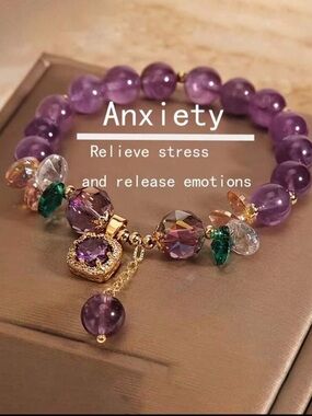 Purple Crystal & Gold Charm Bracelet - Anxiety Relief